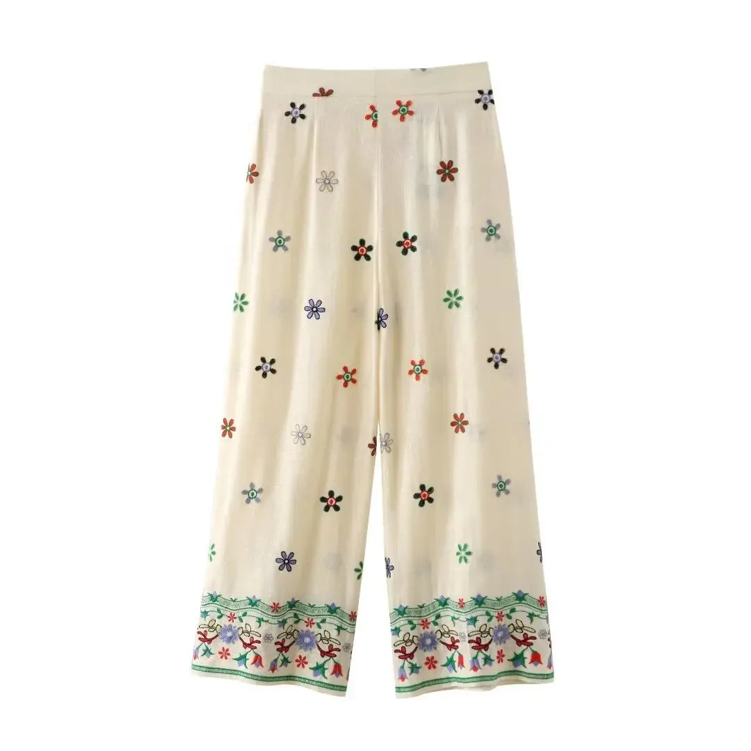 LIZAKOSHT  -  Holiday Embroidery Floral Shirts Women Blouses Suit Tops Two Piece Sets with Button Summer Vintage Elegant Woman Pant Suit