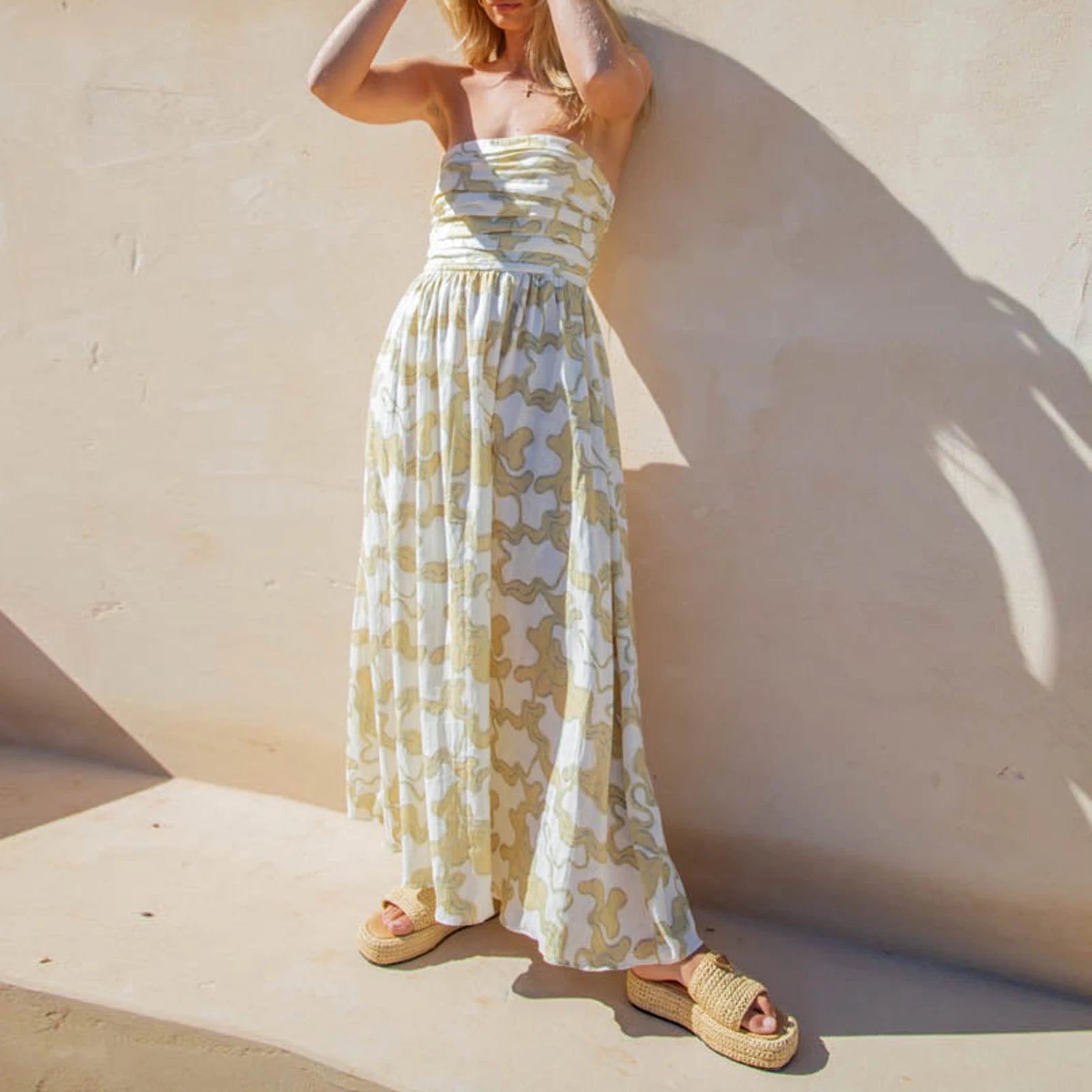 LIZAKOSHT  -  Women Strapless Dress Summer Abstract Print Ruched A-Line Dress for Cocktail Party Beach Streetwear Aesthetic Clothes
