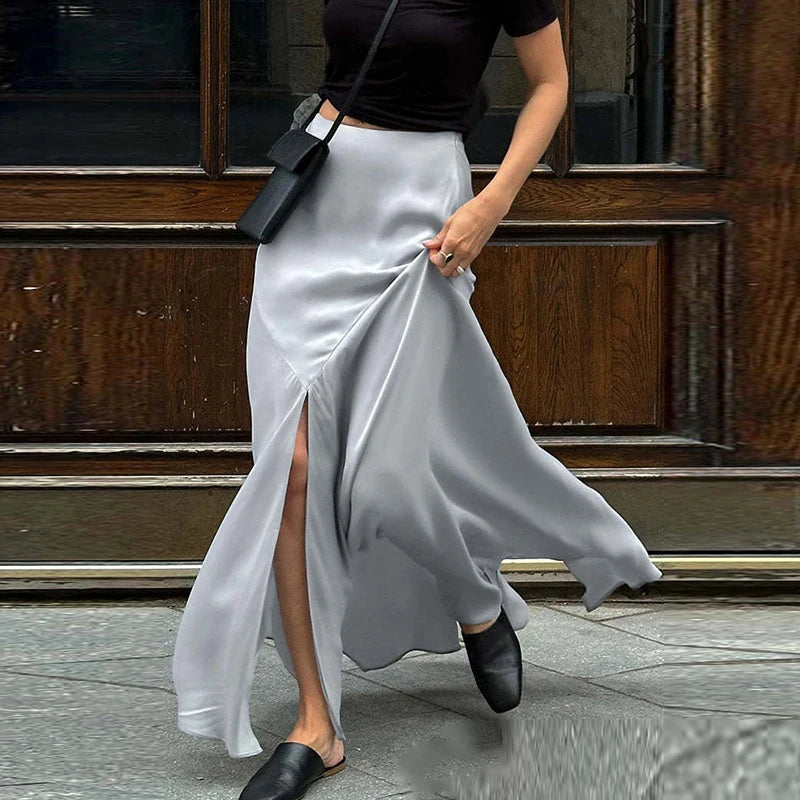 LIZAKOSHT  -  New Solid Color High Split Wrap Hip Skirts Elegant Slim Mermaid Half Skirts Fashion Temperament Commute Satin Long Skirts Women