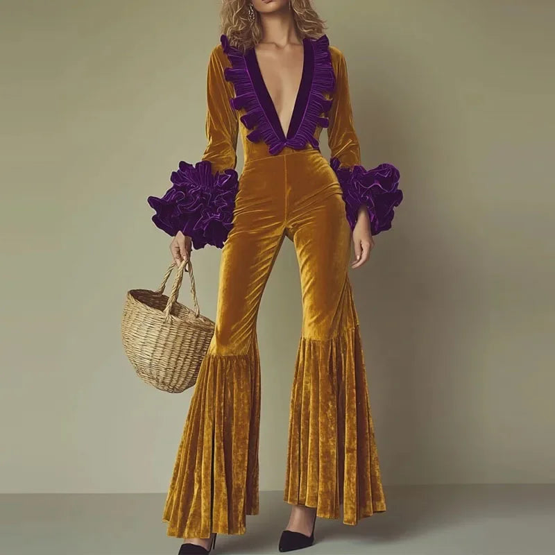 LIZAKOSHT  -  Casual V-neck Petal Sleeves Slim Fit Long Jumpsuit Fashion Hight Waist Flared Playsuit Lady Elegant Color Clashing Velvet Romper