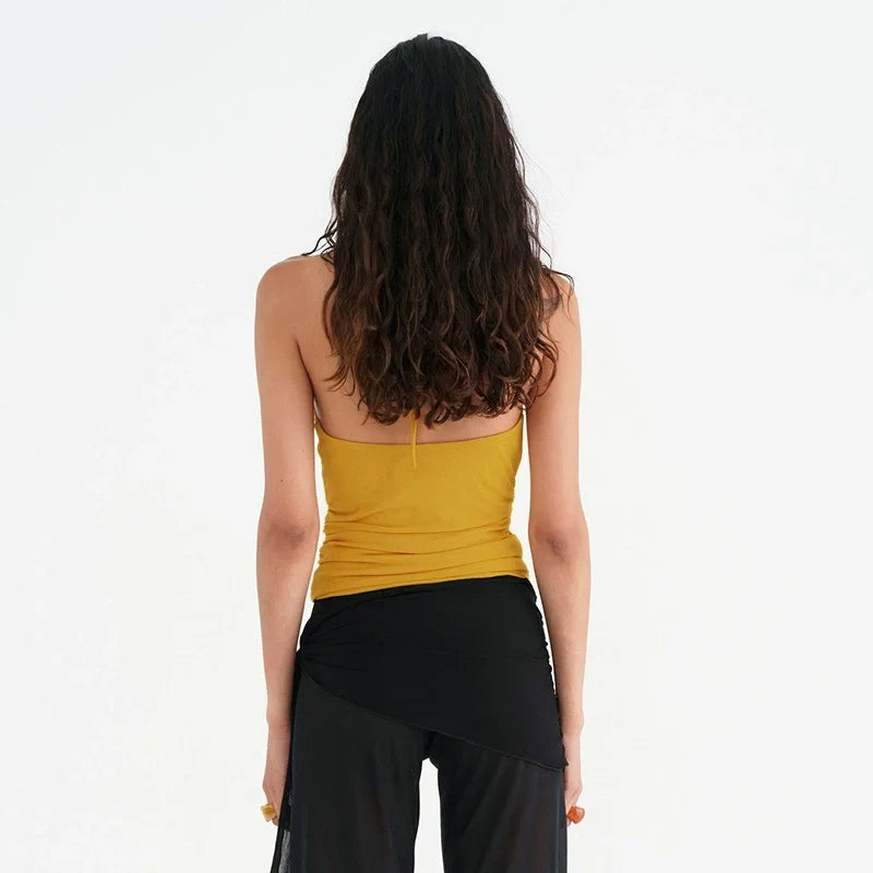 LIZAKOSHT  -  European and American hot girls women's spring summer new solid color sexy backless mesh halterneck top women's 2025