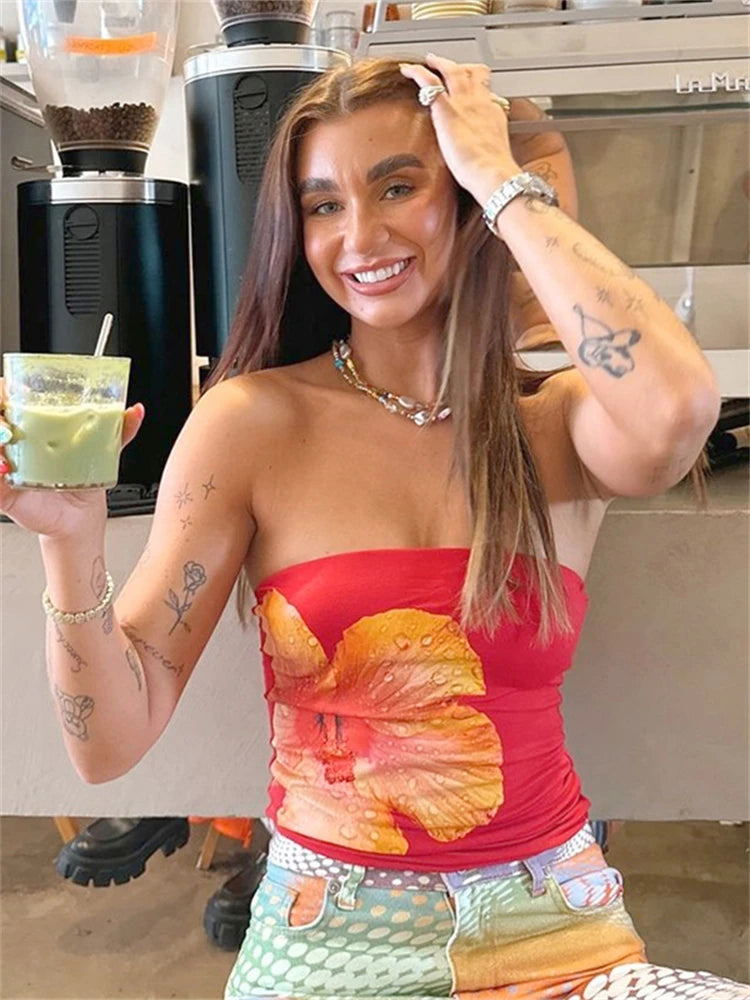 LIZAKOSHT  -  Strapless Flower Printed Crop Top Women's Clothing Sleeveless Tank Top Hottie Summer Streetwear