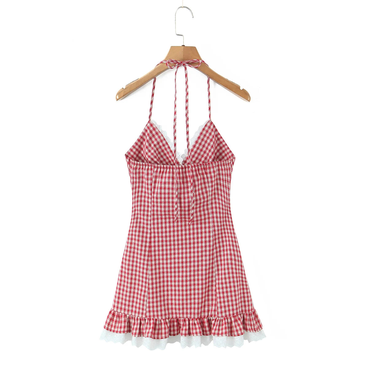 LIZAKOSHT  -  Sexy Red White Plaid Spliced Lace Lacing Up Bow Halter V Collar Mini Dress Women Ruffles Hem A-line Short Dresses Robe Vestidos