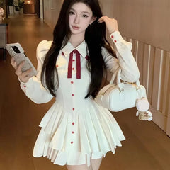 LIZAKOSHT  -  Sweet Bow Mini Dress Women Autumn Long Sleeve Irregular Pleated Patchwork Dresses Kawaii Preppy Button Slim Fit Student Vestidos
