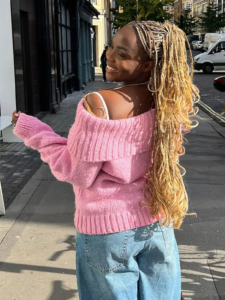 LIZAKOSHT  -  Solid Slash Neck Knit Pullover For Women Fashion Off Shoulder Long Sleeve Sweater Autumn Casual Loose Female Street Jumpers