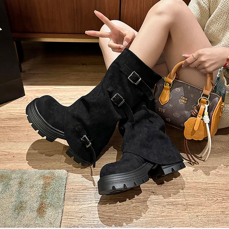 LIZAKOSHT  -  Winter Fashion Platform Thick Heel Woman Knight Boots Fashion Belt Buckle Slip On Mid Calf Booties