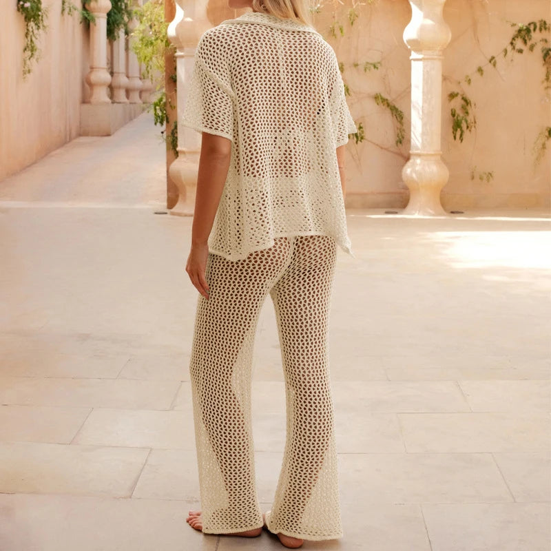 LIZAKOSHT  -  Beach Knitted Button Lapel Long Sleeve Blouse Tops+Pant Set Fashion Flip Collar Vacation Outfits 2025 Solid See-through Suit