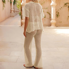 LIZAKOSHT  -  Beach Knitted Button Lapel Long Sleeve Blouse Tops+Pant Set Fashion Flip Collar Vacation Outfits 2025 Solid See-through Suit