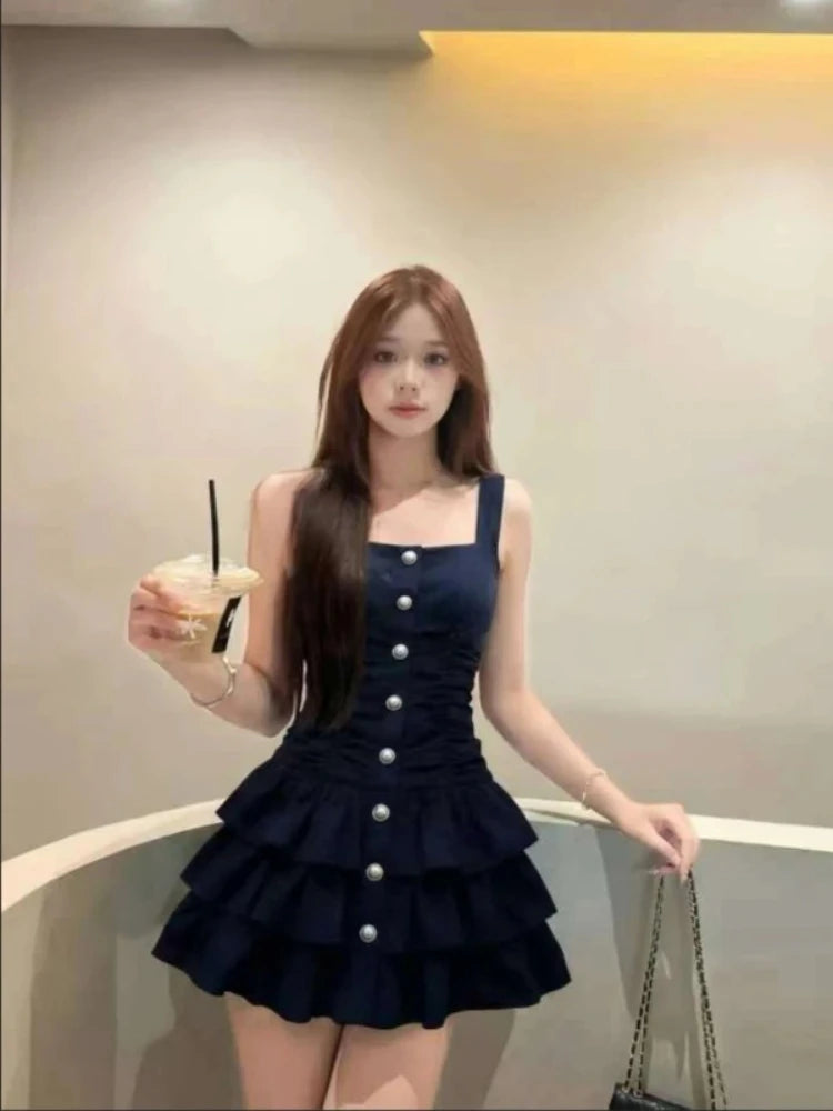 LIZAKOSHT  -  2000s Harajuku Vintage Slim One Piece Dress Korean Y2k French Elegant High-End Mini Dress Japan Style Dark Gothic Strap Dress