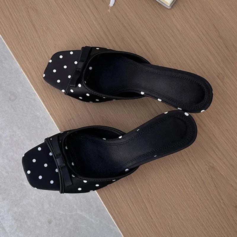 LIZAKOSHT  -  Summer Fashion Satin Polka Dot Square Toe Women Slippers Elegant Thin Low Heels Sandals Casual Beach Party Shoes
