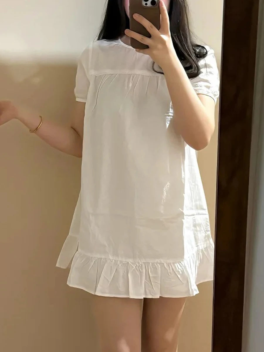 LIZAKOSHT  -   Solid Puff Sleeve Blair Dress Women Summer Chic Simple Ruffled Hem Cotton Loose Vestidos Sweet Cute Preppy Style Dresses New