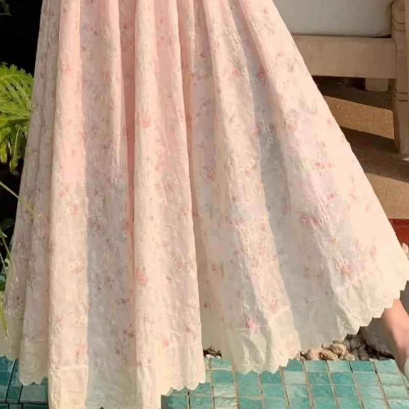LIZAKOSHT  -  Sweet Print Floral Women Dresses Puff Sleeve Beach Style Elegant Long Dress Korean Fashion Vintage Vestidos Mujer