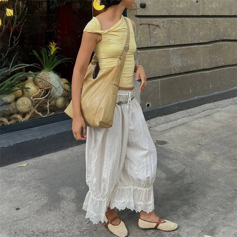 LIZAKOSHT  -  Autumn Lace Patchwork Casual Long Pants For Women Fashion Ruched Sexy Elastic Lace-up Loose Long Pants Female Outfits