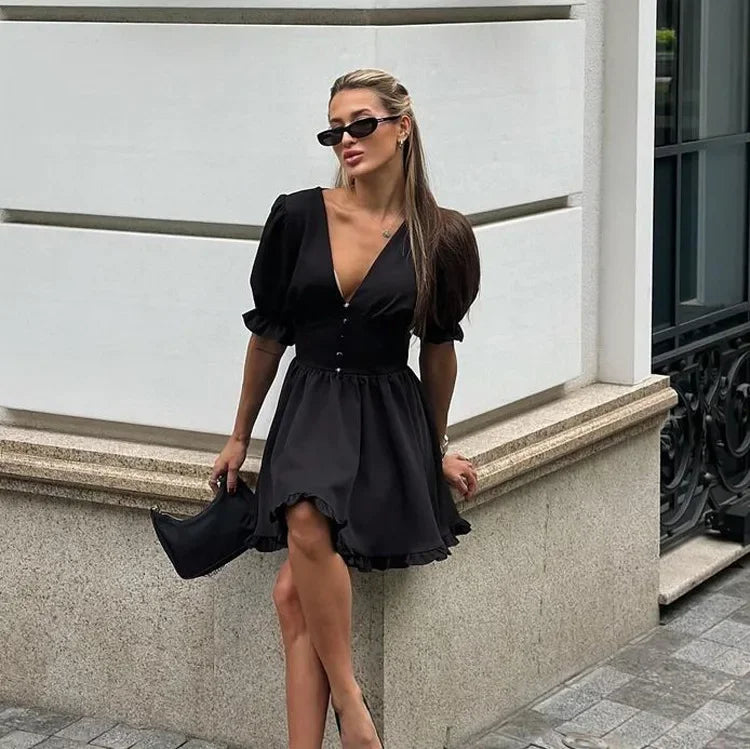 LIZAKOSHT  -  Summer Black V-Neck Mini Dress For Women Ruffled High Waist Slim Commute Elegant Party Dress Female Solid Bodycon Dress