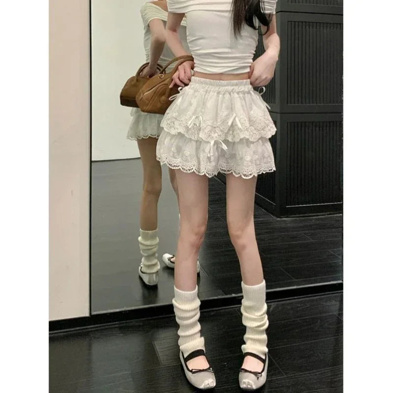 LIZAKOSHT  -  Coquette Lace Mini Skirt Women White Sweet Bow Kawaii Ruffle Skirts Patchwork Layered Cute A-line Short Skirt Aesthetics