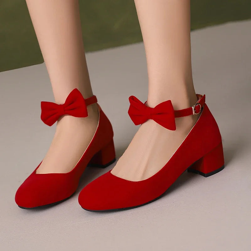 LIZAKOSHT  -  spring autumn women pumps plus size 22-26.5cm flock ankle buckle Mary Jane shoes butterfly knot thick heel women shoes