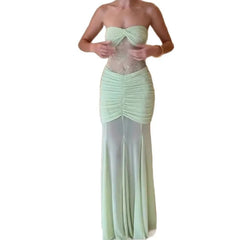 LIZAKOSHT  -  Design Sense Women's New Sexy Bandeau Long Skirt Pleated Mesh Panelled Sheer Lace Dress