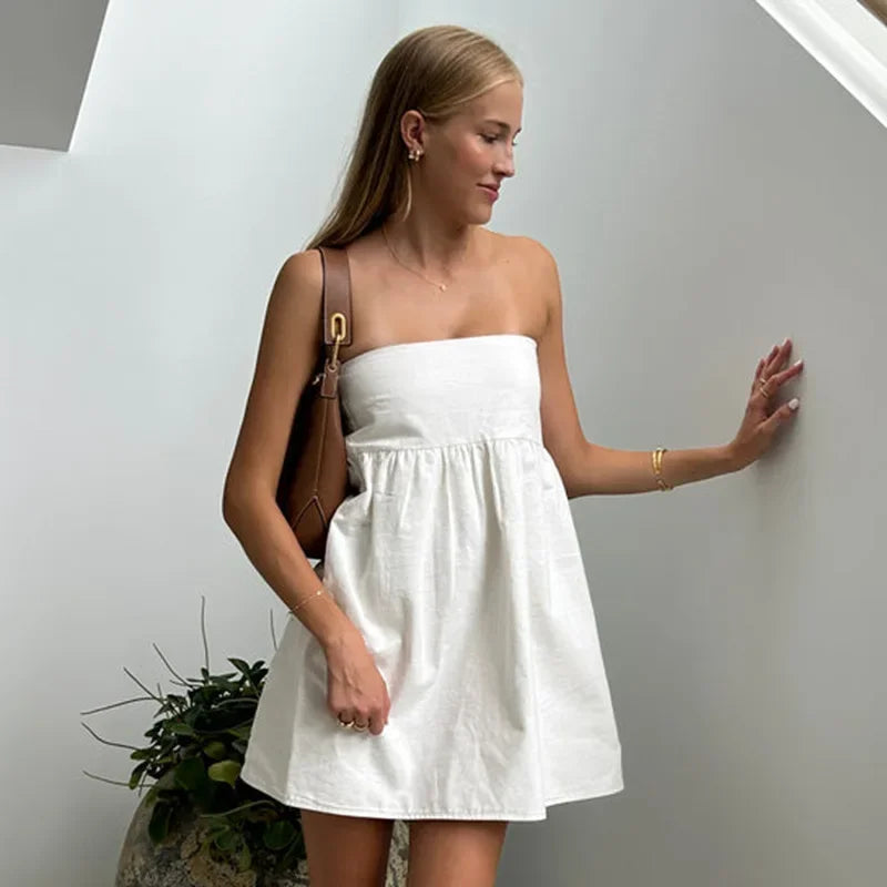 LIZAKOSHT  -  Elegant Solid Strapless Dress Women's Sleeveless Beach Vacation Short Dress Splice Off Shoulder Loose High Waist Clothing