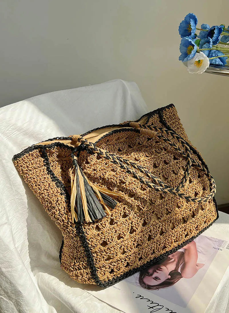 LIZAKOSHT  -  Mesh Crochet Beach Bags Women Hollow Out Straw Woven Tote Bag Seaside Vacation Square Knitted Handbag with Tassel