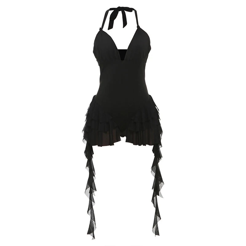 LIZAKOSHT  -  New Arrivals Black Halter V-neck Ruffles Tassels Trim Lace Up High Waisted Fashion Sexy Women's Jumpsuits Shorts Party Wear