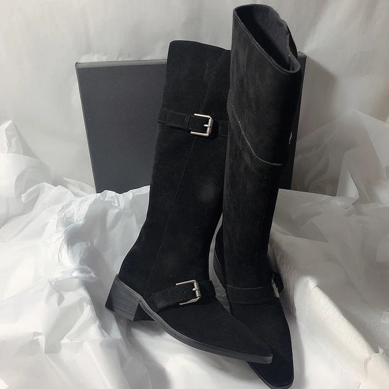 LIZAKOSHT  -  Fashion Vintage Women Western Knee High Boots Fashion Winter Belt Buckle Stripper Party Shoes Zapatos De Mujes