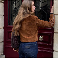 LIZAKOSHT  -  Fashion Suede Short Jackets Women Vintage Lapel Zippers Long Sleeve Pocket Jacket Coat 2025 New Autumn Winter Casual Streetwear