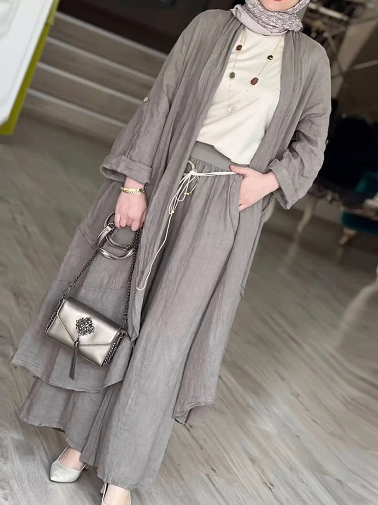 LIZAKOSHT  -  2 Piece Long Sleeve Maxi Shirts+Wide Leg Pants Eid Muslim Women Elegant Sets Abaya Dubai Turkey Islamic Casual Tops Solid Outfit