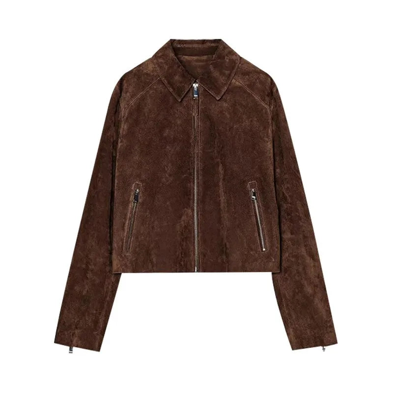 LIZAKOSHT  -  Fashion Suede Short Jackets Women Vintage Lapel Zippers Long Sleeve Pocket Jacket Coat 2025 New Autumn Winter Casual Streetwear