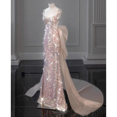 LIZAKOSHT  -  Shiny Pink Mermaid Evening Dresses Bowknot Sequined Beading Detachable Tailing Halter Collar Customize Luxury Prom Gowns 2024