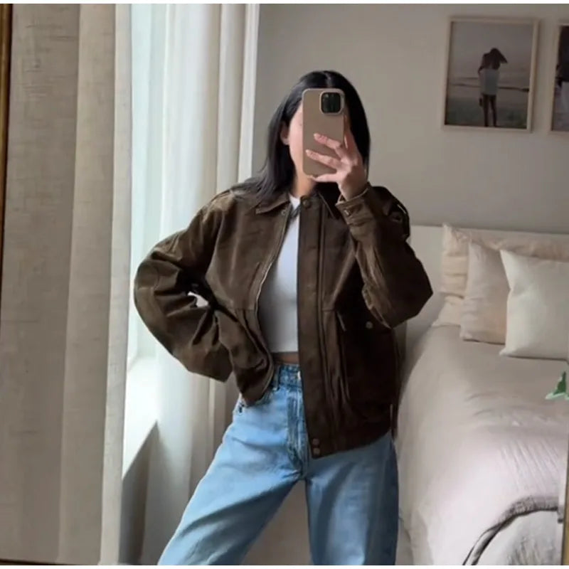 LIZAKOSHT  -  Casual Brown Women Coat Elegant Lapel Zippers Button Big Pocket Female Jacket 2025 Spring Autumn Elegant Lady Streetwear