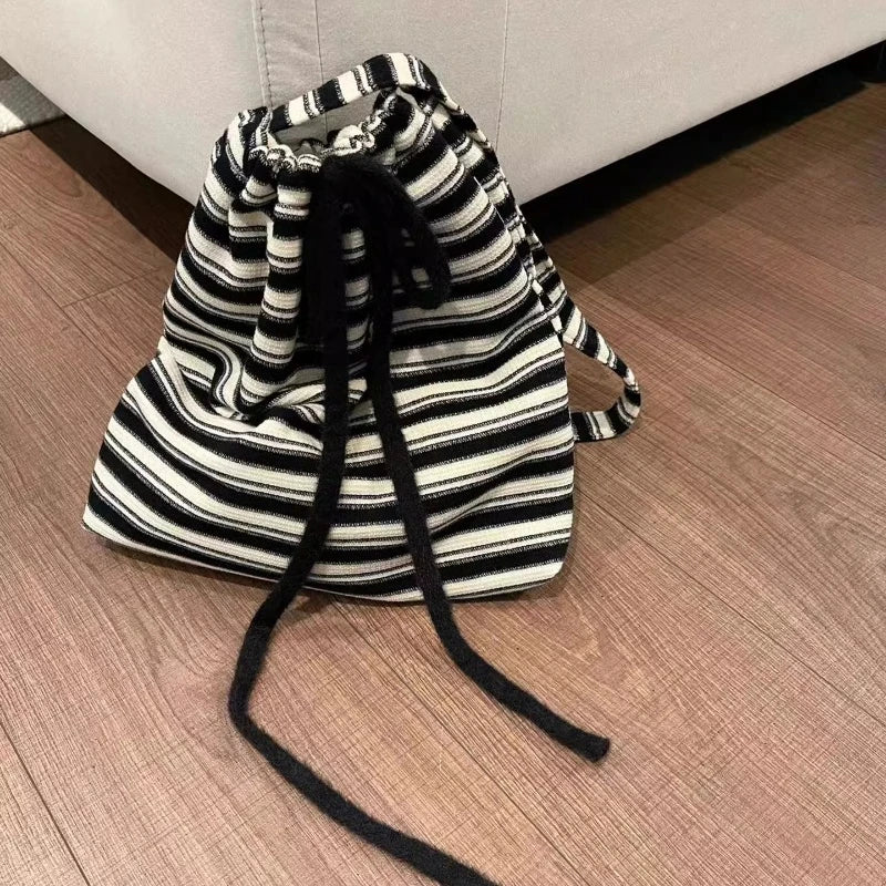 LIZAKOSHT  -  Contrast Color Striped Women Shoulder Bag Korean Vintage All Match Handbags Y2k Drawstring Knitted Crossbody Bags High-capacity
