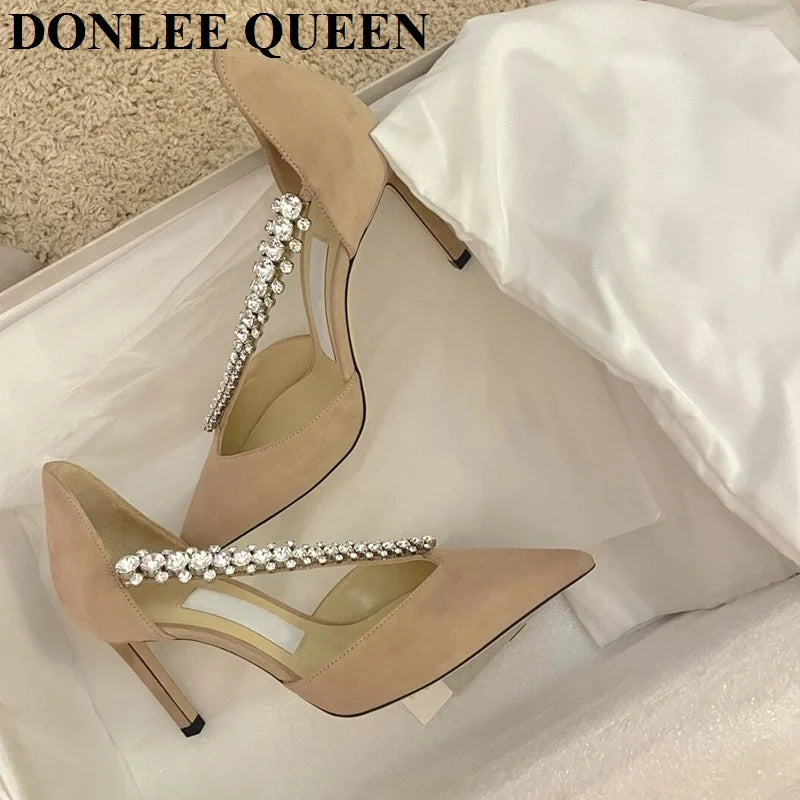LIZAKOSHT  -  New Fashion Brand Crystal Embellished High Heels Shoes Women Pointed Toe Dress Rhinestone Wedding Party Pumps Black Suede Sandal