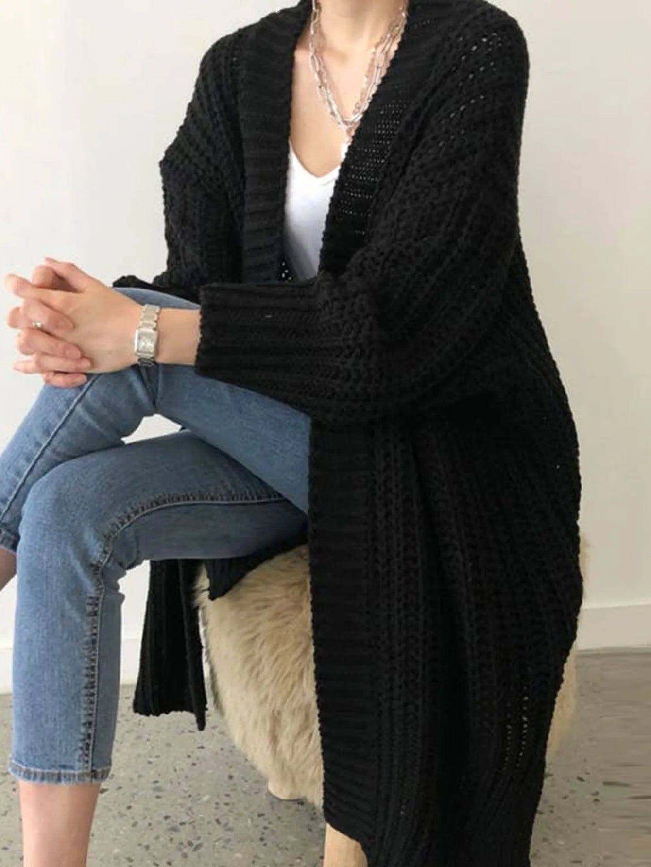 LIZAKOSHT  -  Women Knitted Cardigan Long Cardigans Solid Color Open Front Sweaters Outerwear Spring Summer