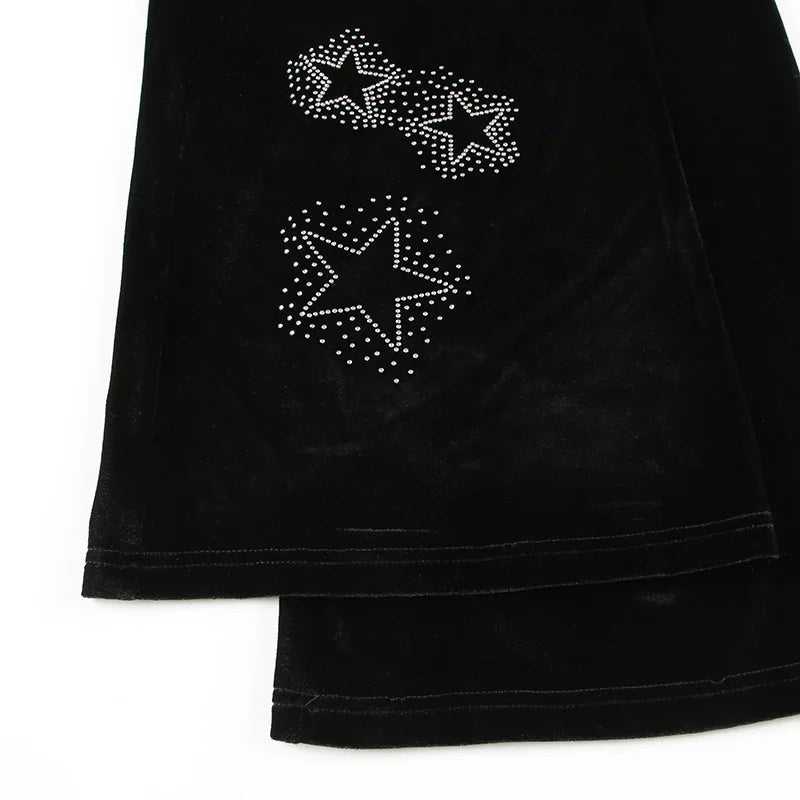 LIZAKOSHT  -  UShaped Star Rhinestone Velvet Low Waist Slim Flared Pants Trousers Jumpsuit Playsuit