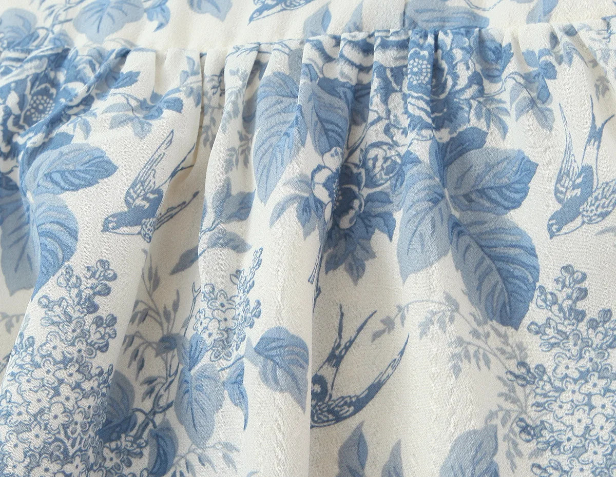 LIZAKOSHT  -  Vintage French Bird Floral Print Tank Dress Women V neck Slim Waist Folds Ruffles Hem Midi Long A-line Swing Dresses Vestidos