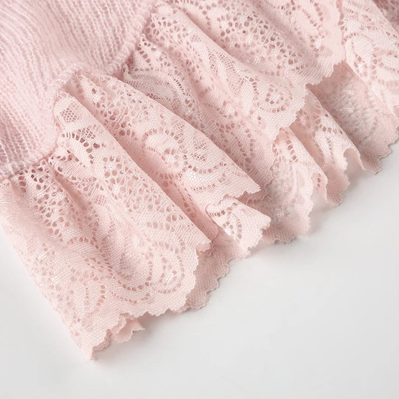 LIZAKOSHT  -  Y2K Pink Flared Sleeve Cardigan Casual Lace Tie-up Beach Cover-Ups Coquette White Long Sleeves Shirts Sunscreen Outwear
