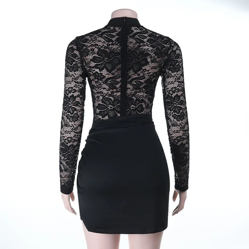 LIZAKOSHT  -  Twist Patchwork See Through Lace Bodycon Mini Dress Women Autumn O Neck Long Sleeve Ruched Slim Night Clubwear Party Dresses