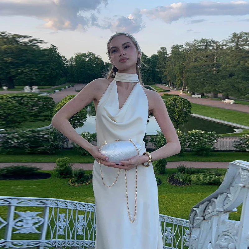 LIZAKOSHT  -  Sexy Hanging Neck Pearl Trim Backless Maxi Dress Women Fashion Slim Fit Robes Lady 2025 Summer Evening Birthday Party Club Dress