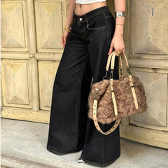 LIZAKOSHT  -  Retro Black Loose Wide Leg Denim Jeans Women's All-Match Low Waist Trousers Y2K Streetwear Denim Trousers Casual Outfit