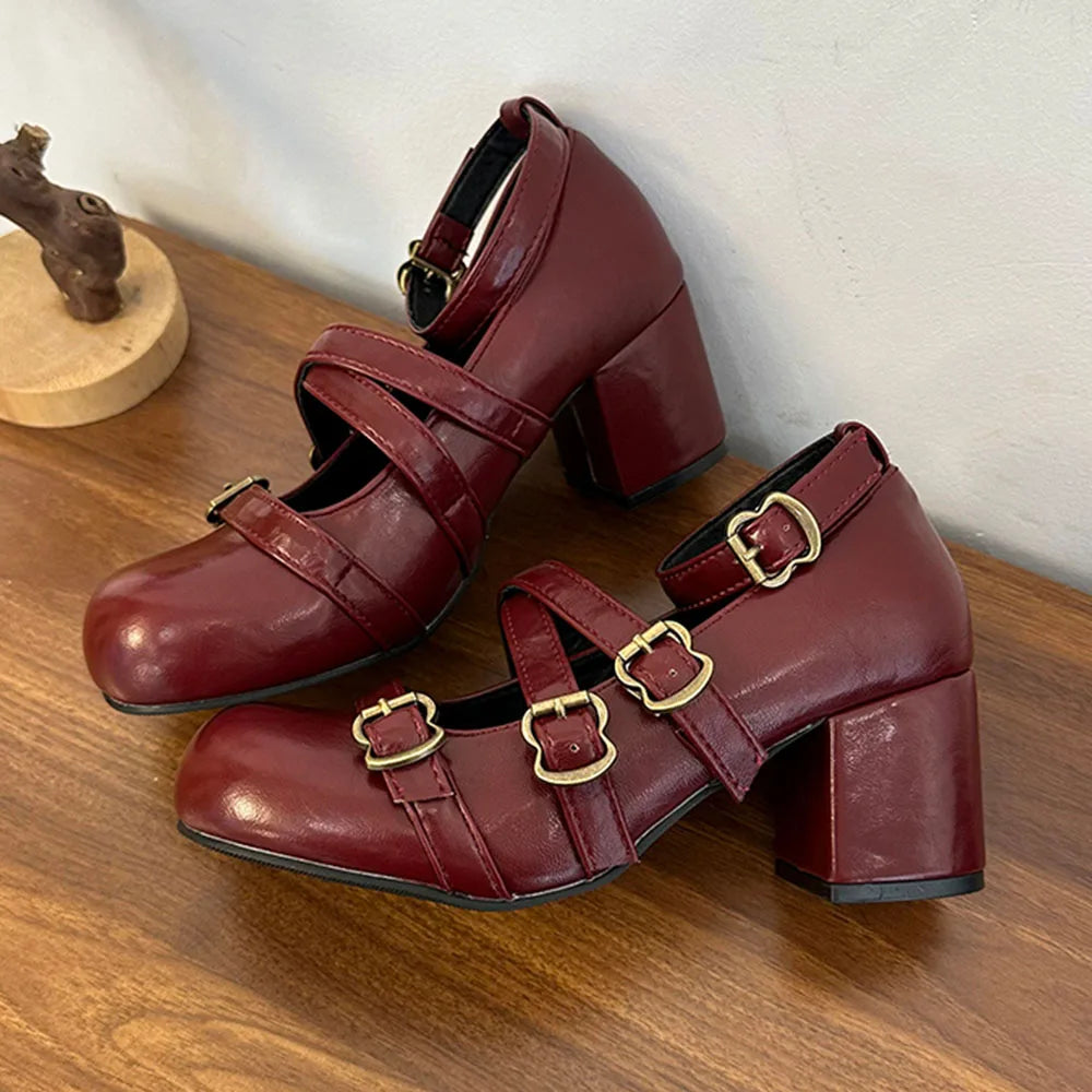 LIZAKOSHT  -  Gothic Retro Black Bucke Straps Pumps Vintage Brown Mary Janes Shoes Women Cute Burgundy Lolita 6cm Block High Heels Pumps