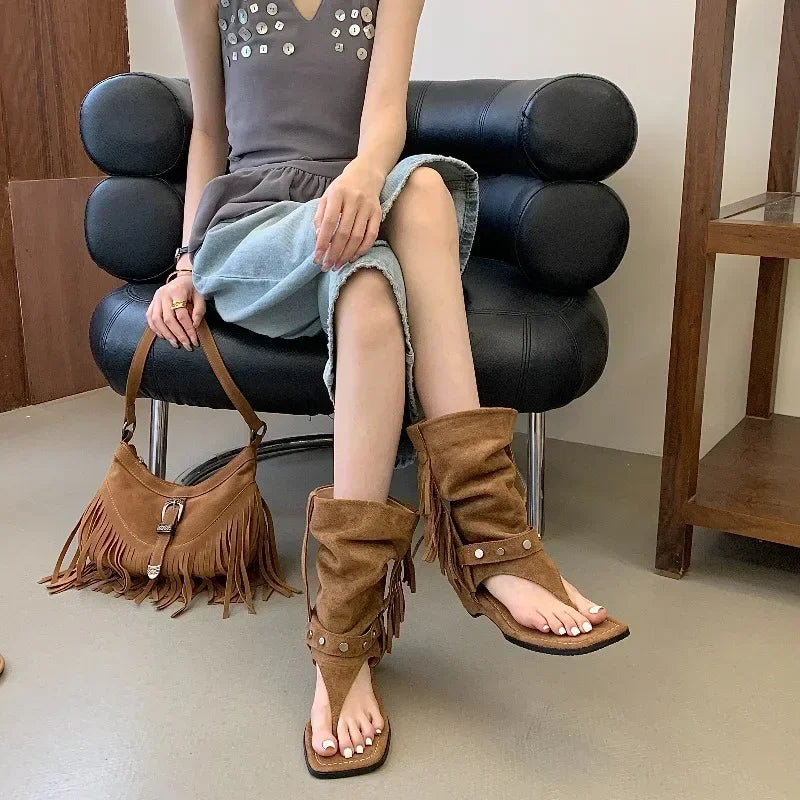 LIZAKOSHT  -  Fashion Vintage Comfortable Low Heels Tassel Rivet Square Clip Toe Women Ankle Boots Sandals Casual Banquet Shoes