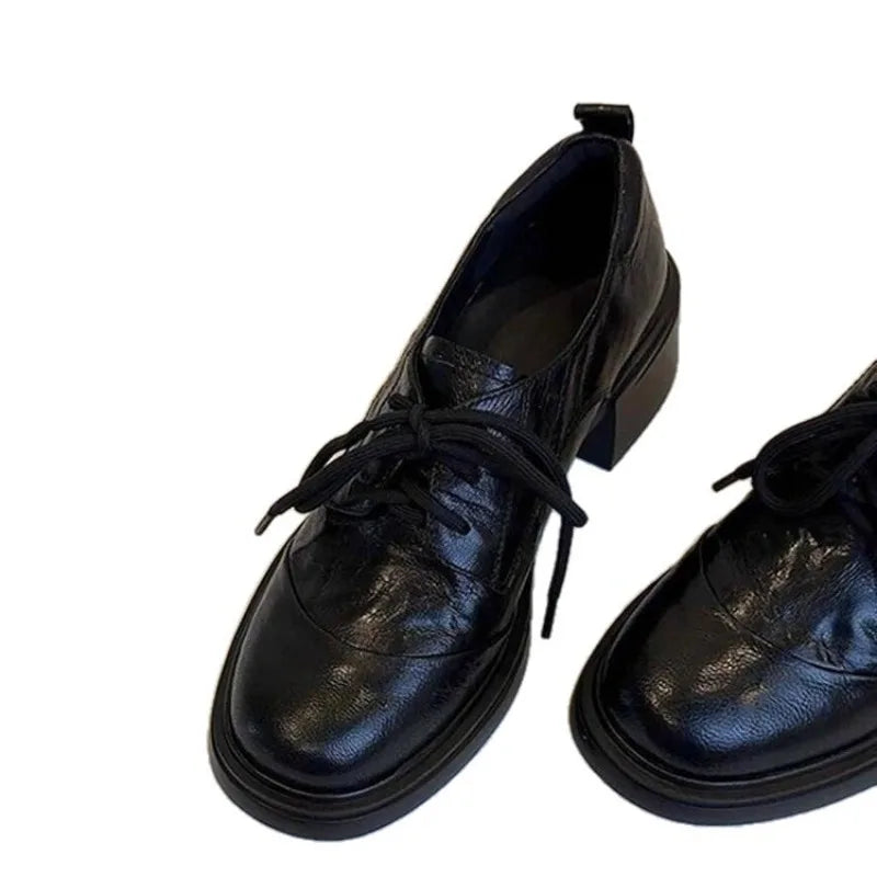 LIZAKOSHT  -  Shoes Women's British Style Retro Soft Leather Round Toe Lace Up Loafers for Commuting Versatile Thick Heeled Leather Shoes