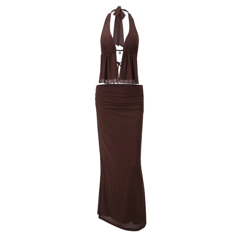 LIZAKOSHT  -  Sexy Halter Backless Bandage Hollow Out Tops and Slim Mesh Maxi Skirt Y2K Summer Fashion Evening Women 2 Pieces Set