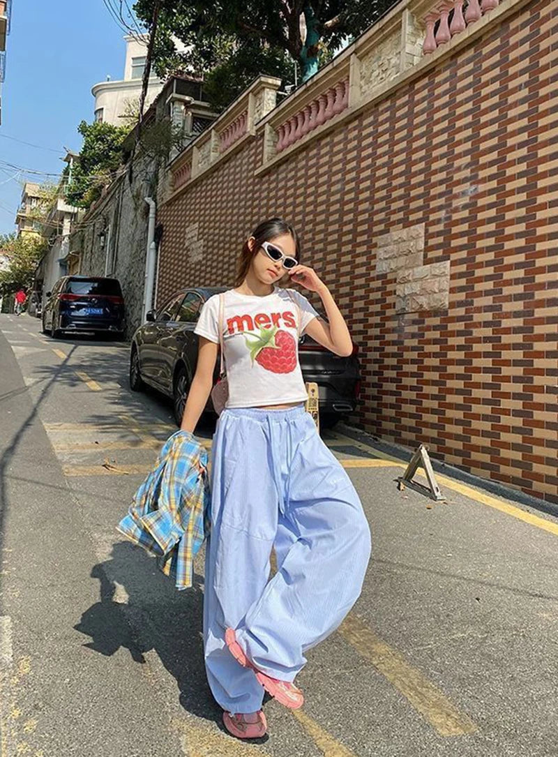 LIZAKOSHT  -  Women Striped Jazz Dance Pants Blue Loose Casual Lazy Wide Leg Pants Harajuku Y2K Summer American Streetwear Cargo Pants