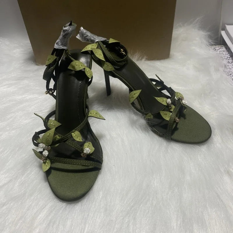 LIZAKOSHT  -  Green Leafs Narrow Band Women Gladiator Sandals Luxury Flower Evening Party Prom Stiletto Open Toe High Heels Female Dress Shoes