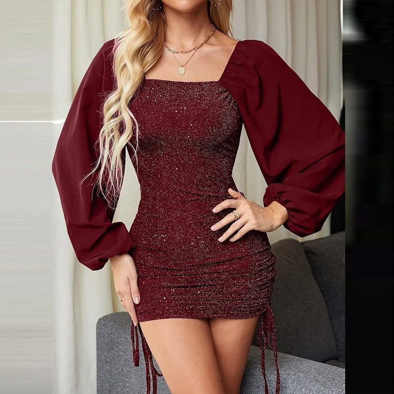 LIZAKOSHT  -  Sexy Wrap Hip Shinny Dress Women Elegant Square Collar Bodyon Office Dress Spring Autumn Lantern Sleeve Solid Mini Dress