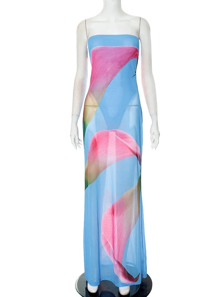 LIZAKOSHT  -  Summer Chiffon Printed Maxi Dress Women Patchwork Backless Slim Contrast Elegant Party Dress Ladies New Long Dress