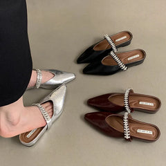 LIZAKOSHT  -  Bling Crystal Flat Heel Slippers Mules Women Wrap Toe Banquet Stiletto Sandals New Summer Luxury Formal Party Shoes Female Slide