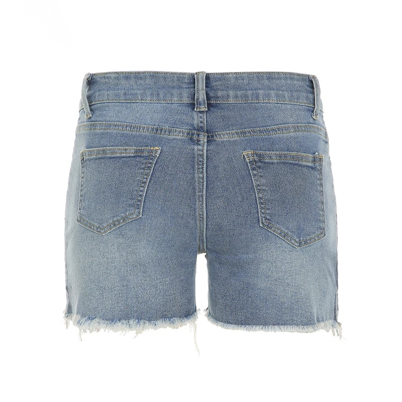 LIZAKOSHT  -  Rhinestone Detail Fashion Frayed Jeans Shorts Y2K Vintage Blue Summer Casual Stylish Women Denim Shorts Streetwear