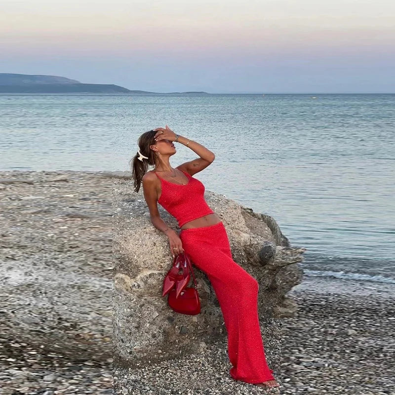 LIZAKOSHT  -  Sexy Glitter Knitted Slings Long Skirt Set Lady Casual Solid V-neck Tops Shiny Slim High Waist Skirts Sets Women Summer Beach